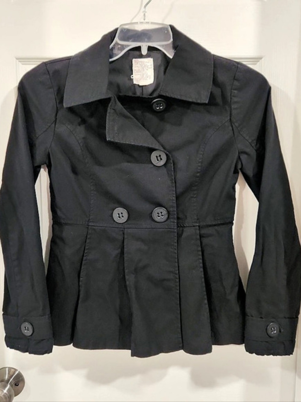 Tulle Black Pleated Peacoat Jacket Womens S Fit & Flare Double Breasted J7120